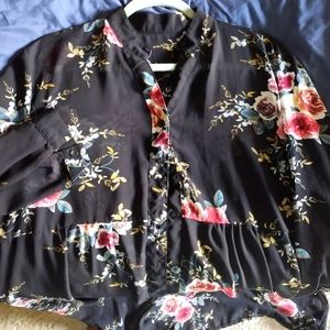 Sheer Cover-up top. Black with burgundy/pink flower print